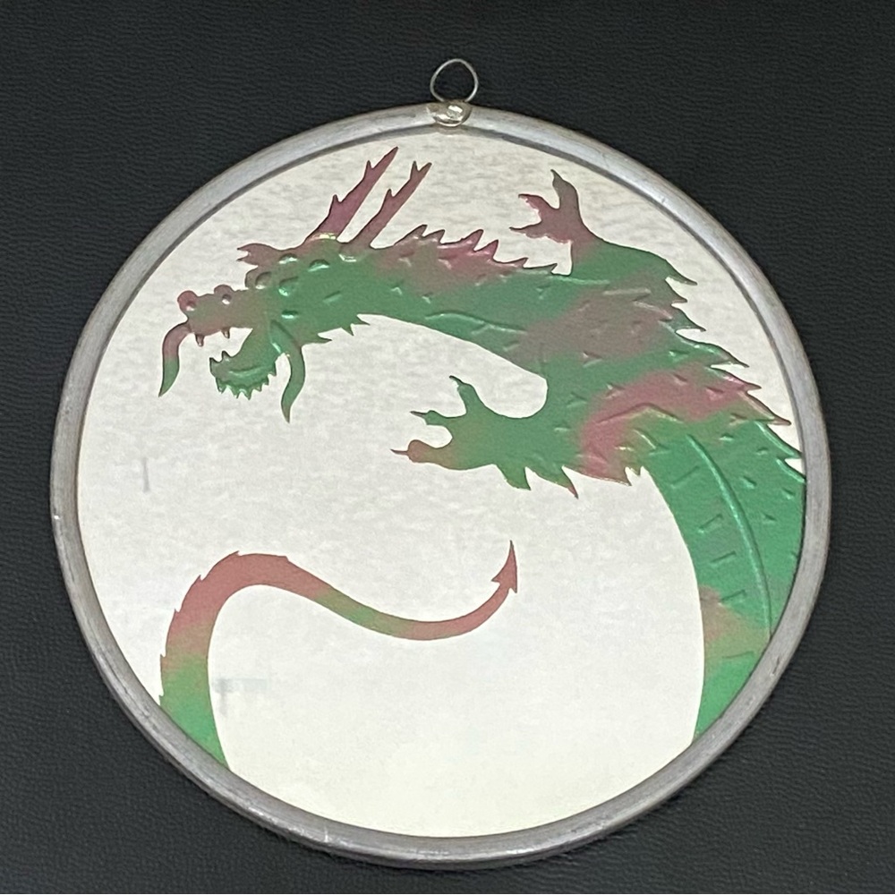 Vintage Handmade Dragon Foiled Mirrored Art Glass 6” Suncatcher Hanging Decor